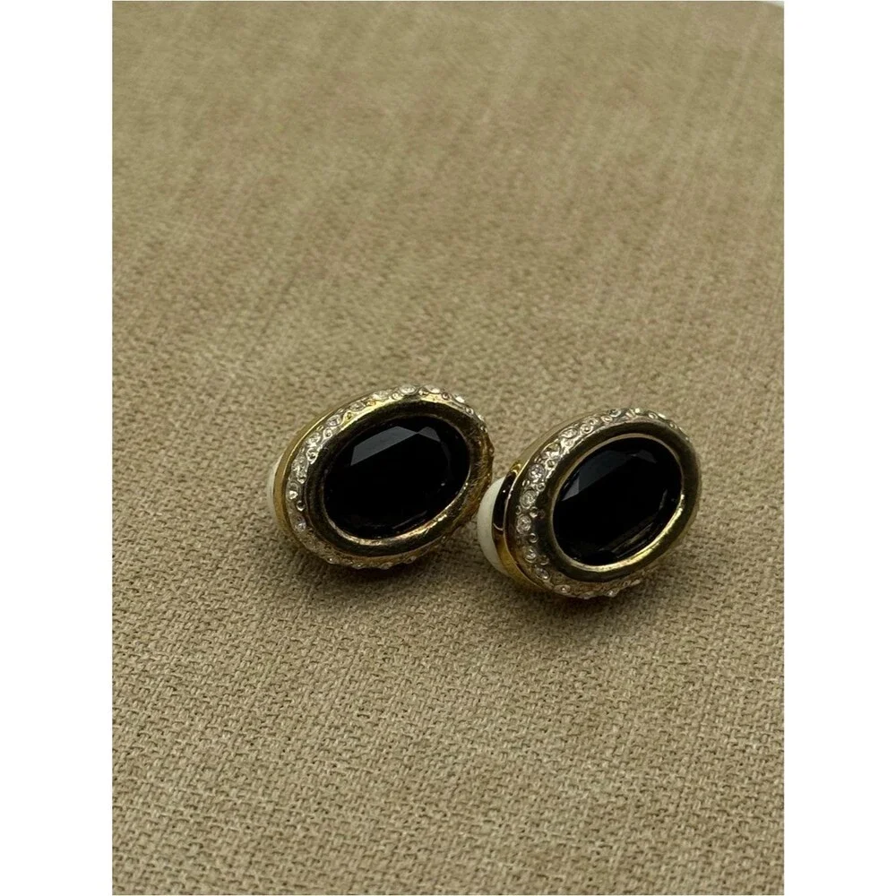 vintage MV Vellano black onyx and rhinestone clip-on earrings